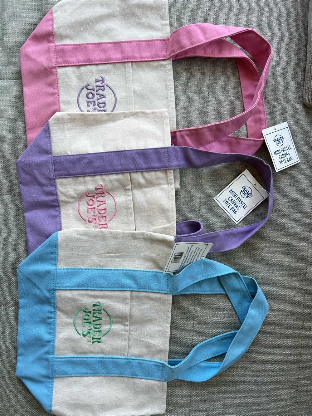 Trader Joe’s Mini Pastel Canvas Tote Bags - Pink, Purple, Blue